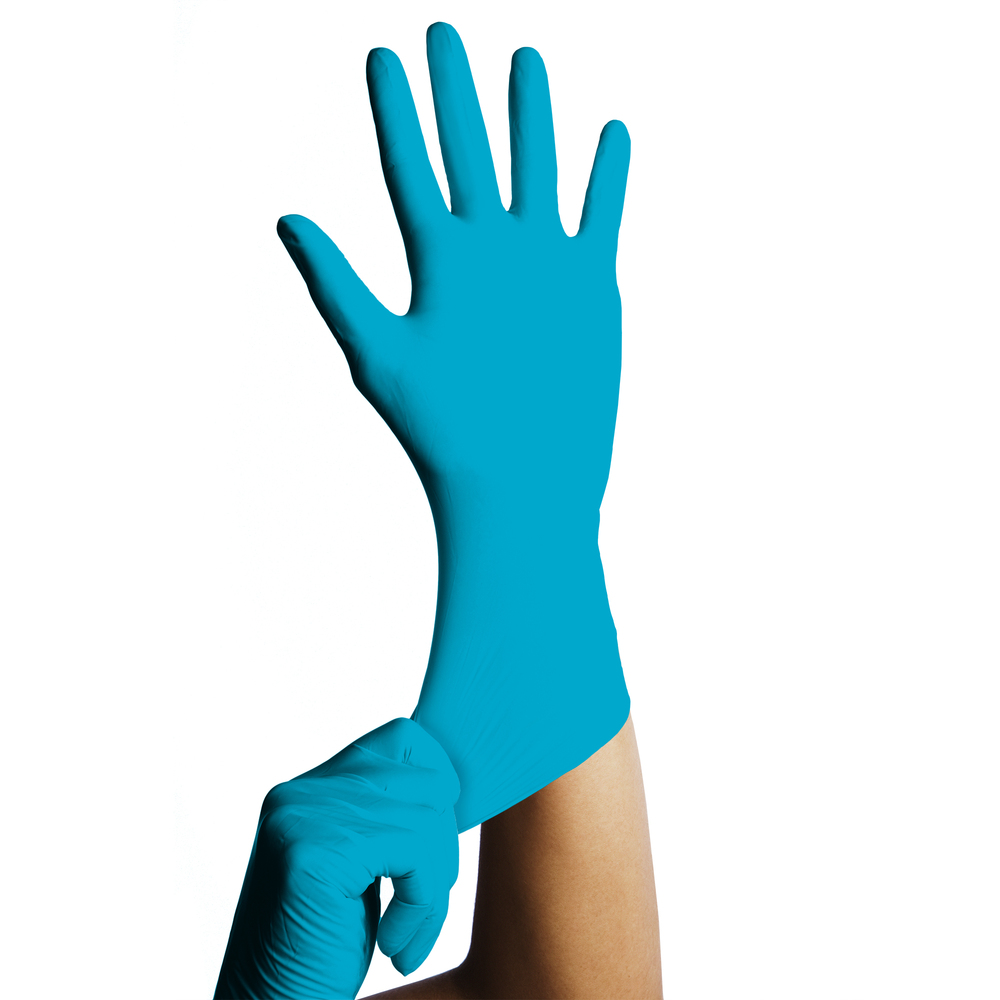 Kimtech™ G3 Blue Nitrile Gloves (56877), ISO Class 4 or Higher Cleanrooms, Bisque Finish, Ambidextrous, 12”, Medium, Double Bagged, 100 / Bag, 10 Bags, 1,000 Gloves / Case - 56877