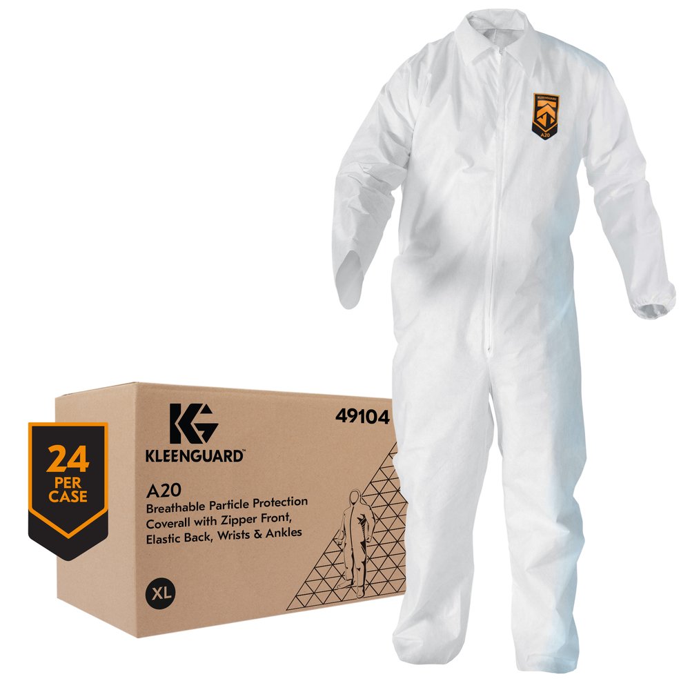 KleenGuard™ A20 Breathable Particle Protection Coveralls (49104), REFLEX Design, Zip Front, EWA, Elastic Back, White, XL, 24 / Case - 49104