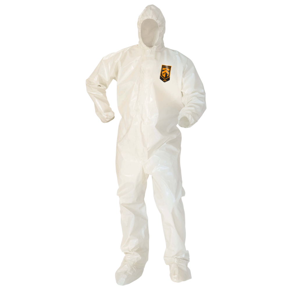 KleenGuard™ A80 Chemical Permeation & Jet Liquid Particle Protection Coveralls (45664), Zip Front, Storm Flap, EWA, Respirator-Fit Hood, Boots, White, XL, 12 / Case