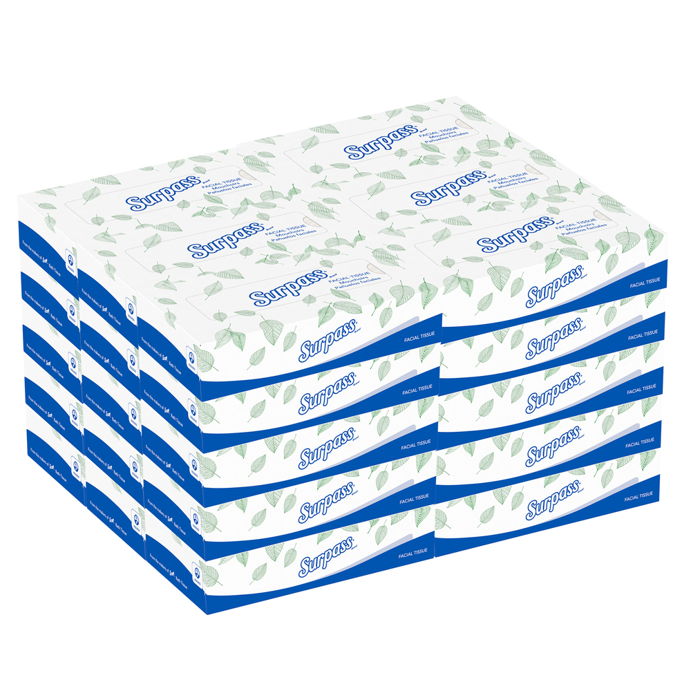 Mouchoirs Surpass en boîte plate (21340), 2 épaisseurs, blancs, non parfumés, 100 mouchoirs/boîte, 30 boîtes/grande caisse
