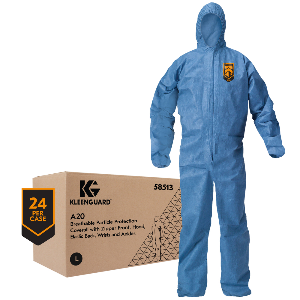 KleenGuard™ A20 Breathable Particle Protection Hooded Coveralls (58513), REFLEX Design, Zip Front, Elastic Wrists & Ankles, Blue Denim, Large, 24 / Case - 58513