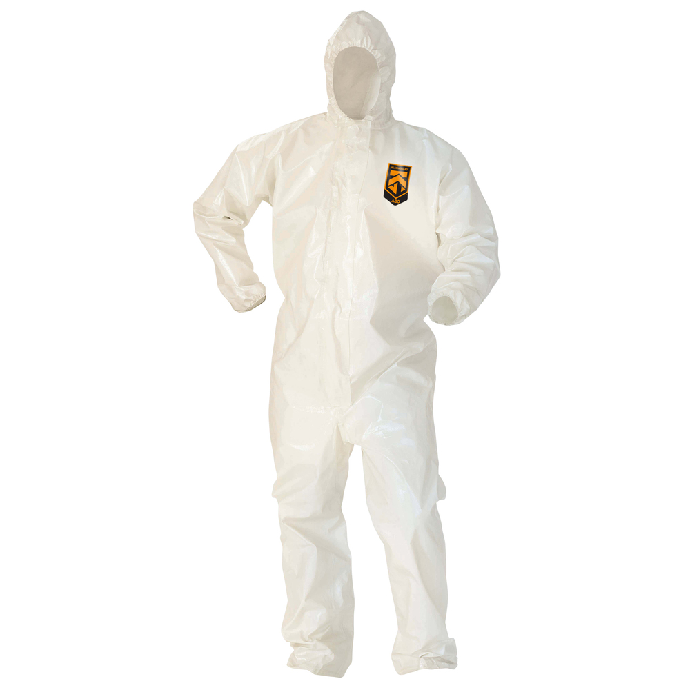 KleenGuard™ A80 Chemical Permeation & Jet Liquid Particle Protection Coveralls (45647), Zip Front, Storm Flap, EWA, Respirator-Fit Hood, White, Size 4X, 10 / Case
