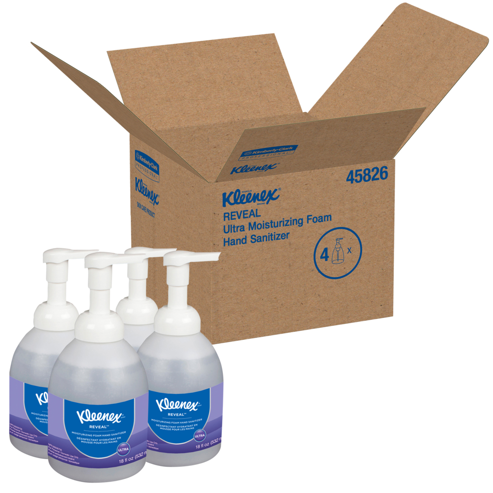 Désinfectant ultra hydratant en mousse pour les mains Kleenex Reveal, EcoLogo, certifié E3 par la NSF (45826), transparent, non parfumé, bouteille à pompe de 18 oz., 4 bouteilles/caisse - 45826