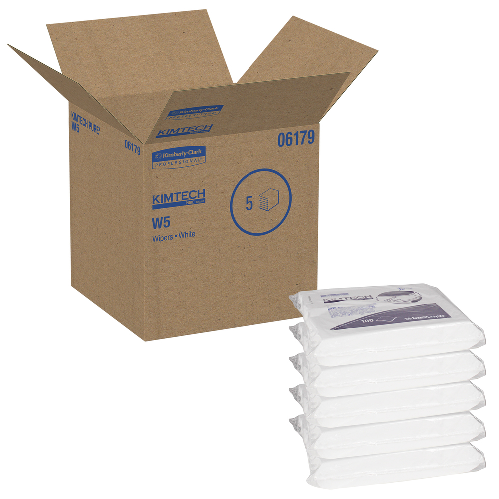 Essuie-tout secs Kimtech W5 (06179), emballage double, garniture de protection de l’emballage, 9 po x 9 po, blancs, 5 sacs de 100 lingettes/caisse (500 par caisse) - 06179
