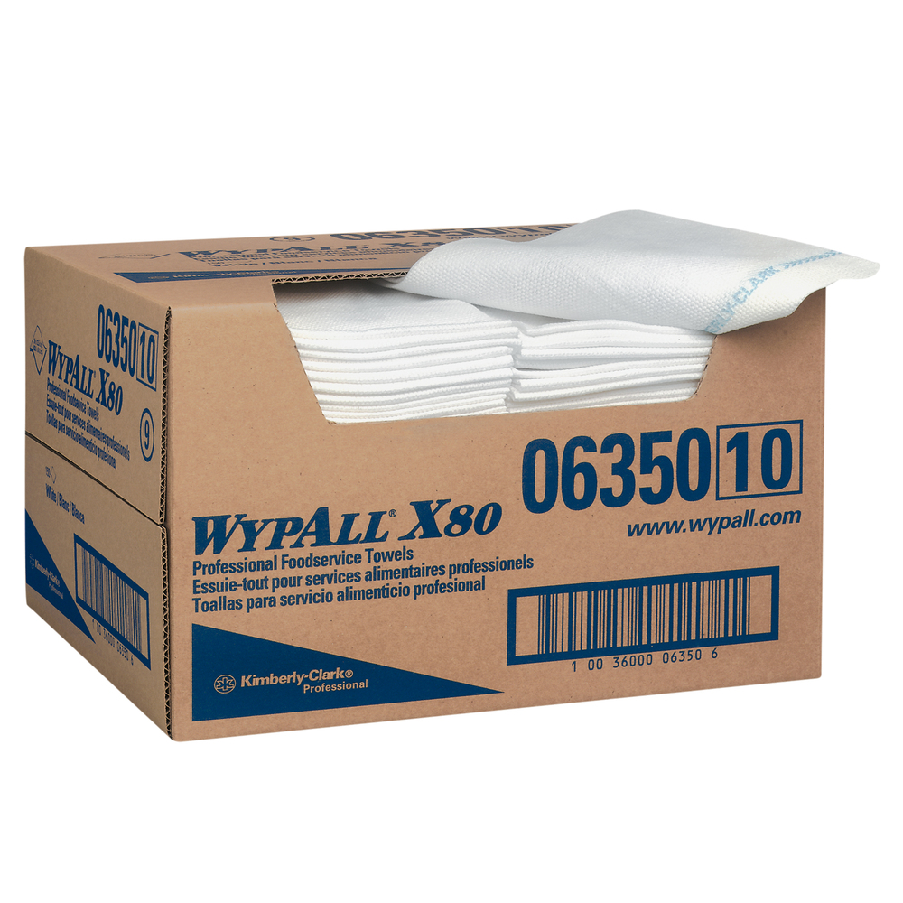 Wypall X80 Foodservice Towels (06350) Extended Use Cloths, 13.5” x 24”, White, Quarter Fold Format, 13.5” x 24”, 1 Box, 150 Sheets - 06350