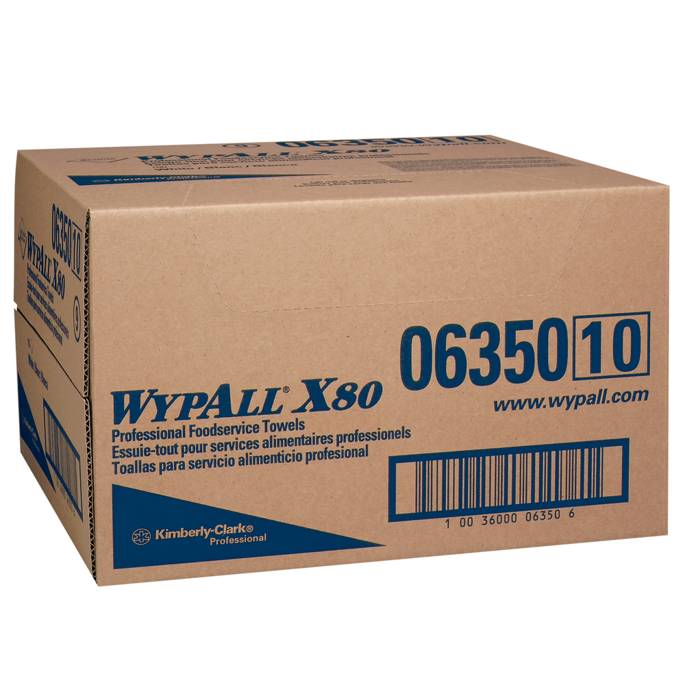 Wypall X80 Foodservice Towels (06350) Extended Use Cloths, 13.5” x 24”, White, Quarter Fold Format, 13.5” x 24”, 1 Box, 150 Sheets - 06350