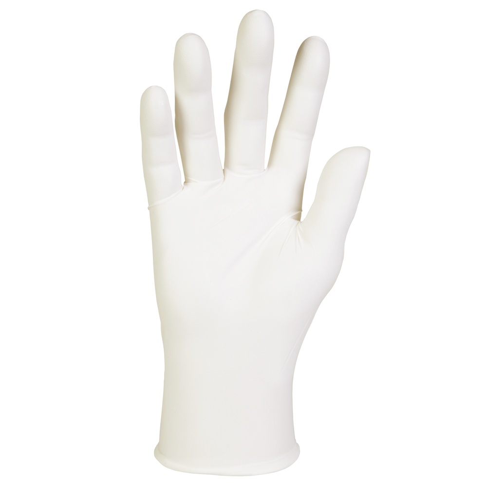 Gants en nitrile blanc Kimtech G5 (56867), pour les salles blanches de classe 5 ISO ou supérieures, fini bisque, ambidextres, 10 po, grands+, emballage double, 100/sac, 10 sacs, 1 000 gants/caisse - 56867