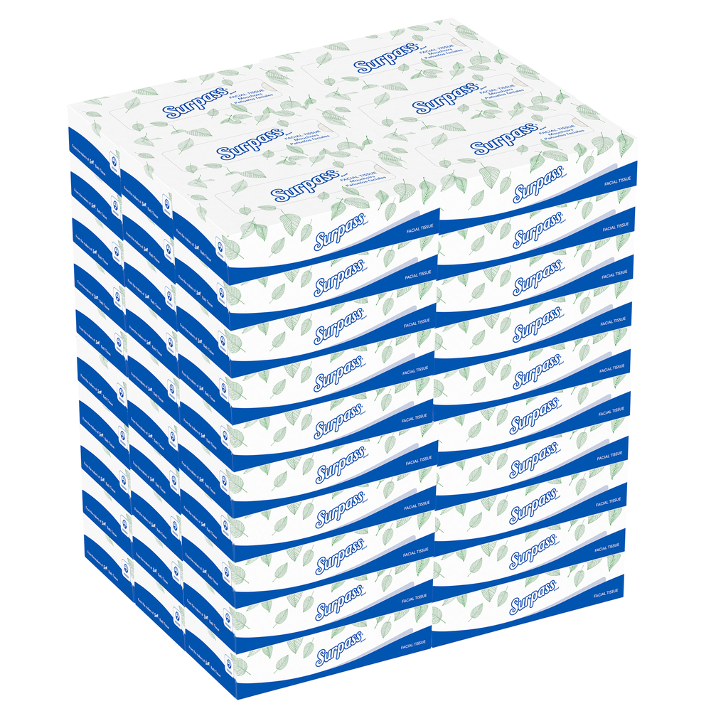 Boîte plate de mouchoirs Surpass (21390), 2 épaisseurs, blancs, non parfumés, 125 mouchoirs/boîte, 60 boîtes/grande caisse