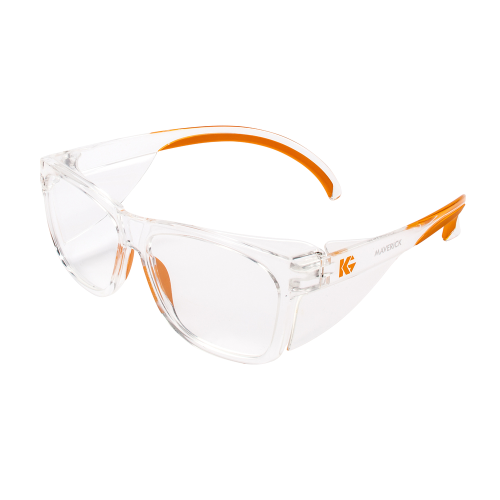 KleenGuard™ Maverick Eye Protection, (49301), Clear Anti-Fog Lenses with Clear Frame Orange Tips, 12 Pairs / Case - 49301