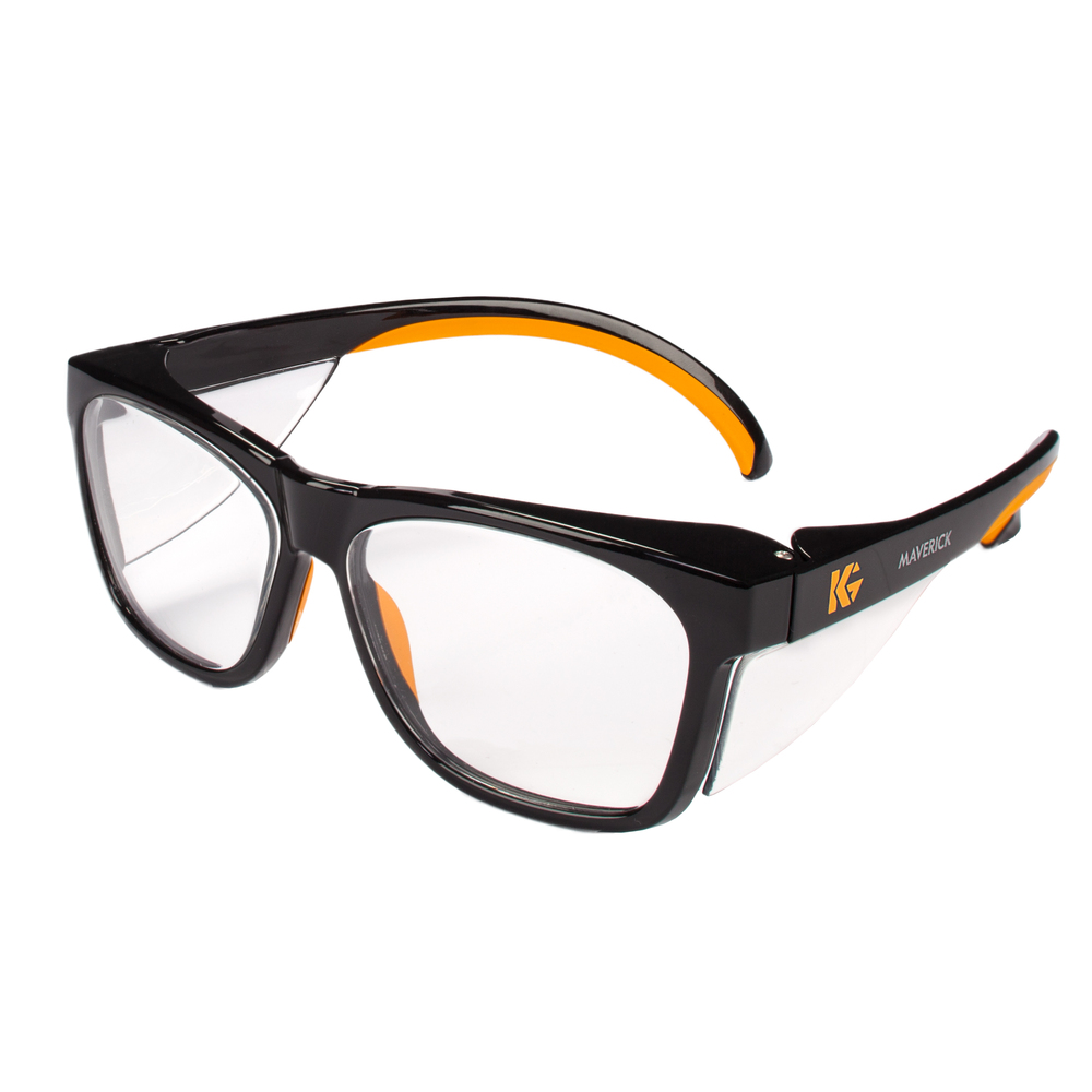 KleenGuard™ Maverick Eye Protection, (49312), Clear Anti-Glare Lenses with Black Frame and Orange Tips, 12 Pairs / Case - 49312