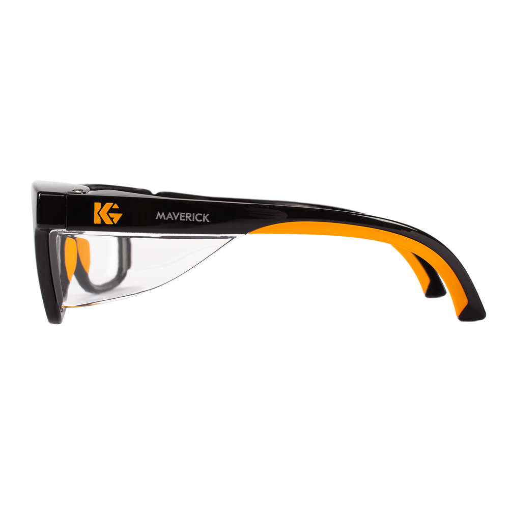 KleenGuard™ Maverick Eye Protection, (49312), Clear Anti-Glare Lenses with Black Frame and Orange Tips, 12 Pairs / Case - 49312
