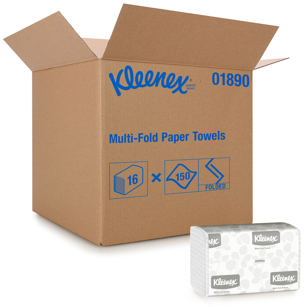 Essuie-mains à plis multiples Kleenex (01890), blanc, 16 paquets/caisse, 150 serviettes en papier à trois plis/paquets, 2 400 serviettes/caisse