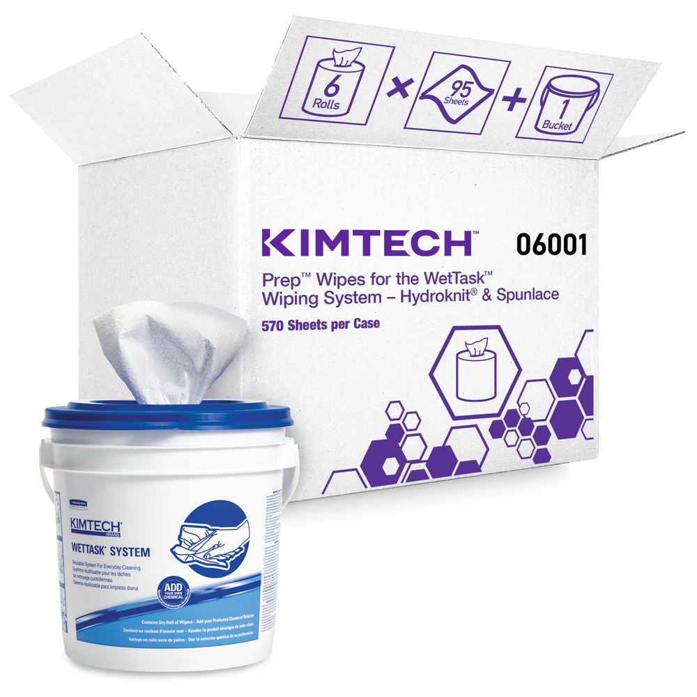 Essuie-tout Prep de Kimtech pour le système d’essuyage WetTask pour solvants (06001), pour système hygiénique fermé, 6 rouleaux/caisse, 60 feuilles/rouleau, seau inclus - 06001