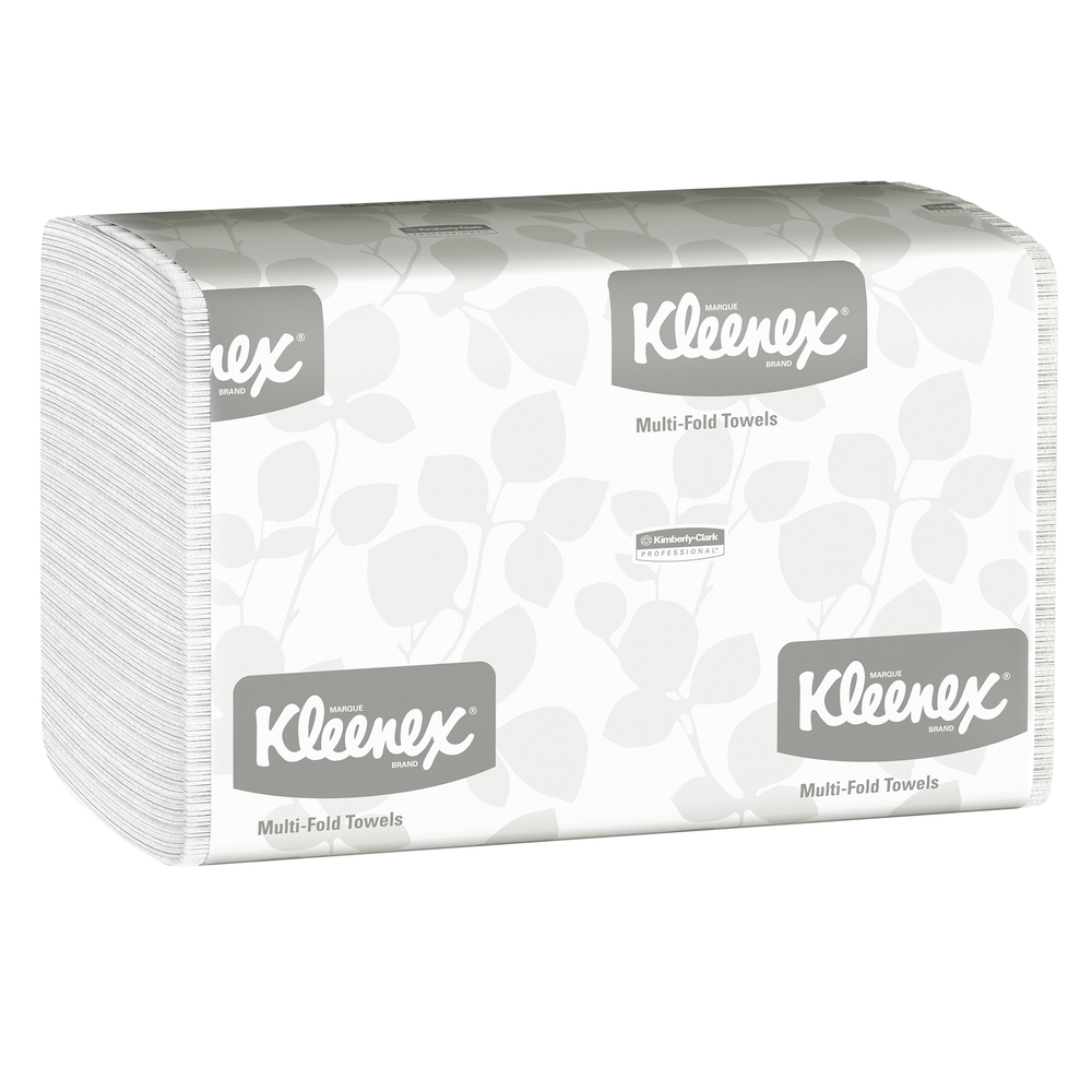 Essuie-mains à plis multiples Kleenex (01890), blanc, 16 paquets/caisse, 150 serviettes en papier à trois plis/paquets, 2 400 serviettes/caisse - 01890