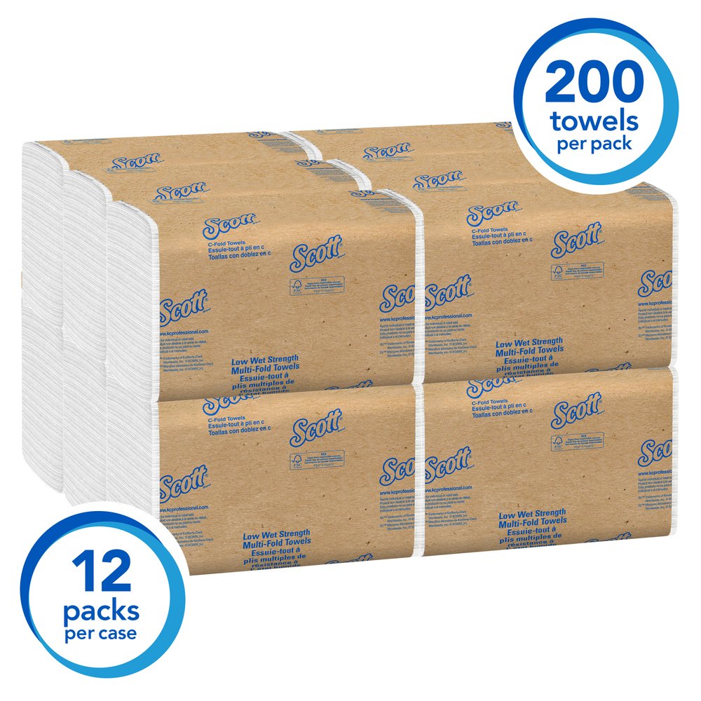 Scott® Essential C fold Paper Towels (06041), Low Wet Strength, 13.15” x 10.125”, White, 12 Pack / Case, 200 Sheets / Pack, 2,400 Towels - 06041