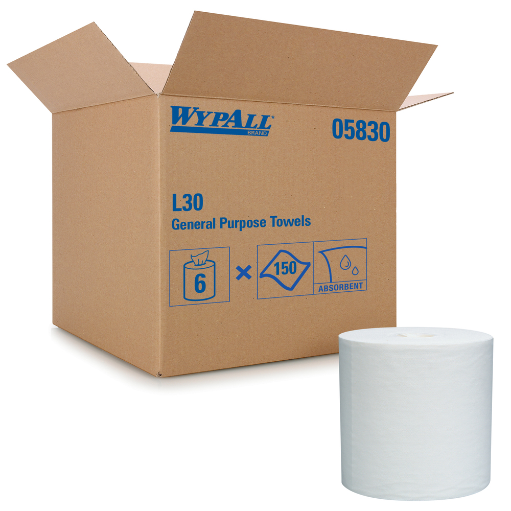 WypAll® L30 DRC Towels (05830), Strong and Soft Wipes, Center-Pull Rolls, White, 150 Sheets / Roll, 6 Rolls / Case, 900 Wipes / Case - 05830