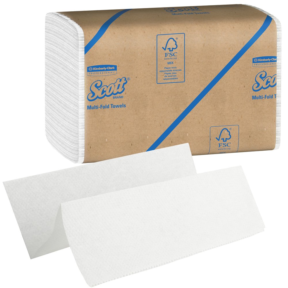 Essuie-mains à plis multiples en fibres recyclées à 100% Scott (01807), 9,2 po x 9,4 po, blancs, 16 paquets/caisse, 250 feuilles/paquet, 4 000 essuie-mains/caisse - 01807