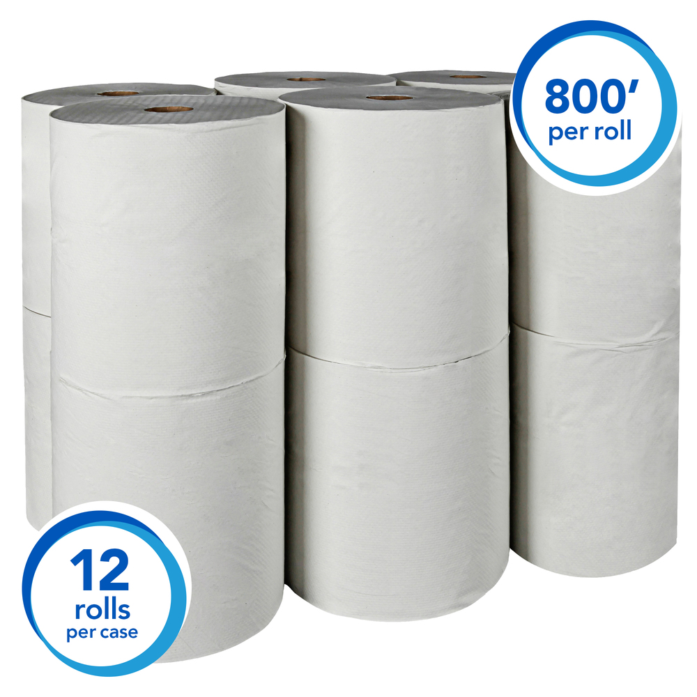 Scott® Essential 100% Recycled Fiber Hard Roll Paper Towels (01052), White, 800' / Roll, 12 Rolls / Case, 9,600’ / Case - 01052