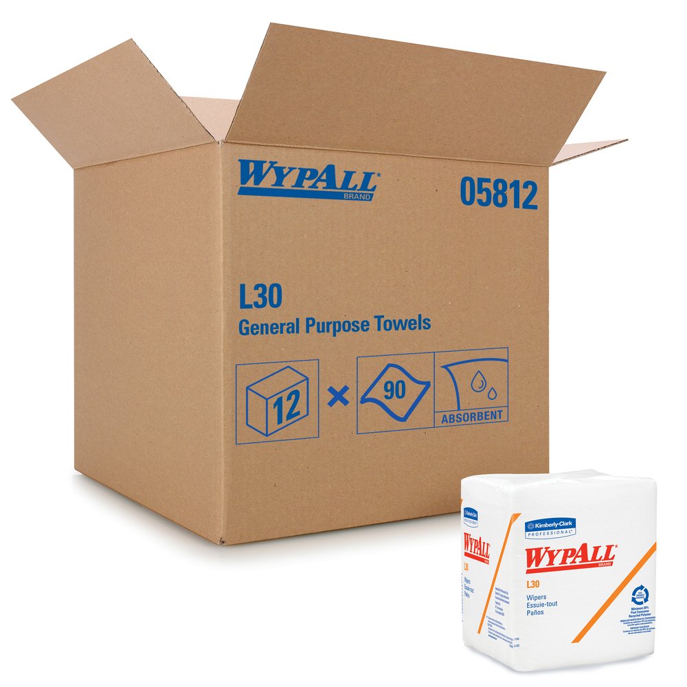 WypAll® L30 DRC Towels (05812), Strong and Soft Wipes, White, 12 Packs / Case, 90 Towels / Pack