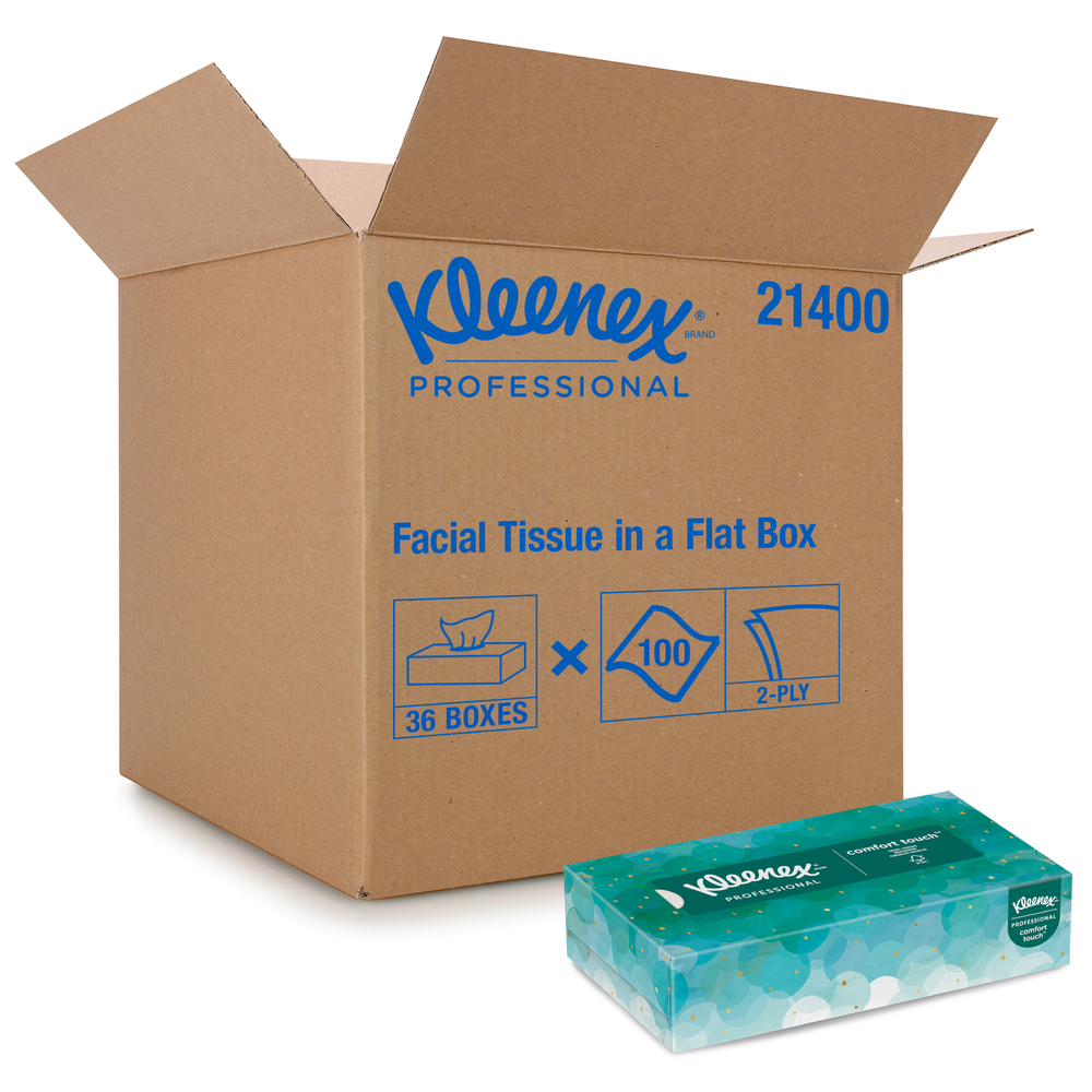Mouchoirs Kleenex professionnels pour entreprise (21400), Boîtes de mouchoirs plates, 36 boîtes/caisse, 100 mouchoirs/boîte