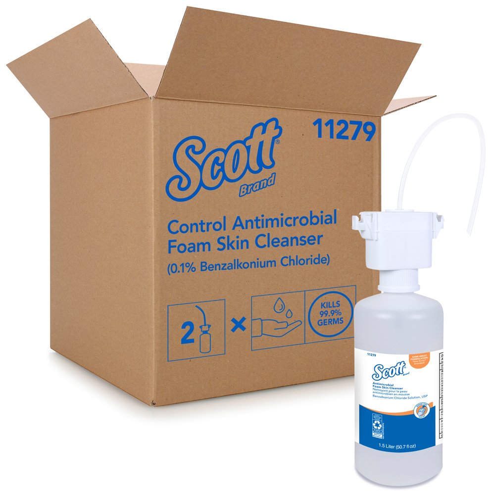 Mousse nettoyante antimicrobienne pour la peau Scott Control, 0,1 % de chlore de benzalkonium (11279), transparente, non parfumée, 1,5 L, 2 recharges pour distributrice intégrée au comptoir/caisse - 11279