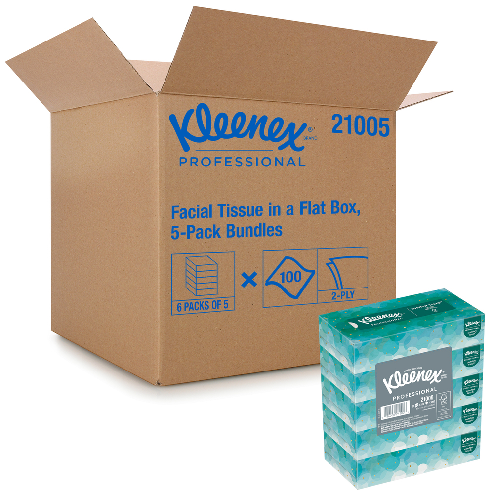 Mouchoirs Kleenex (21005), boîtes de mouchoirs plates, 6 paquets/caisse, 5 boîtes/paquet, 125 mouchoirs/boîte