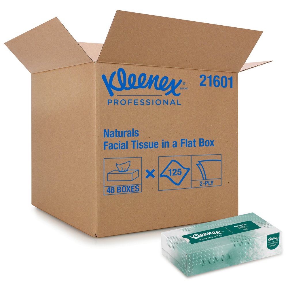 Mouchoirs Kleenex Naturals professionnels pour entreprise (21601), boîtes de mouchoirs plates, 2 épaisseurs, 48 boîtes/caisse, 125 mouchoirs doux/boîte, 6 000 feuilles/caisse