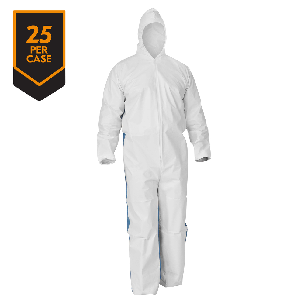 KleenGuard™ A40 Liquid & Particle Protection Coveralls (37163) with Blue Breathable Back, Zipper Front, Hood, EWA, White, XL, 25 / Case - 37163