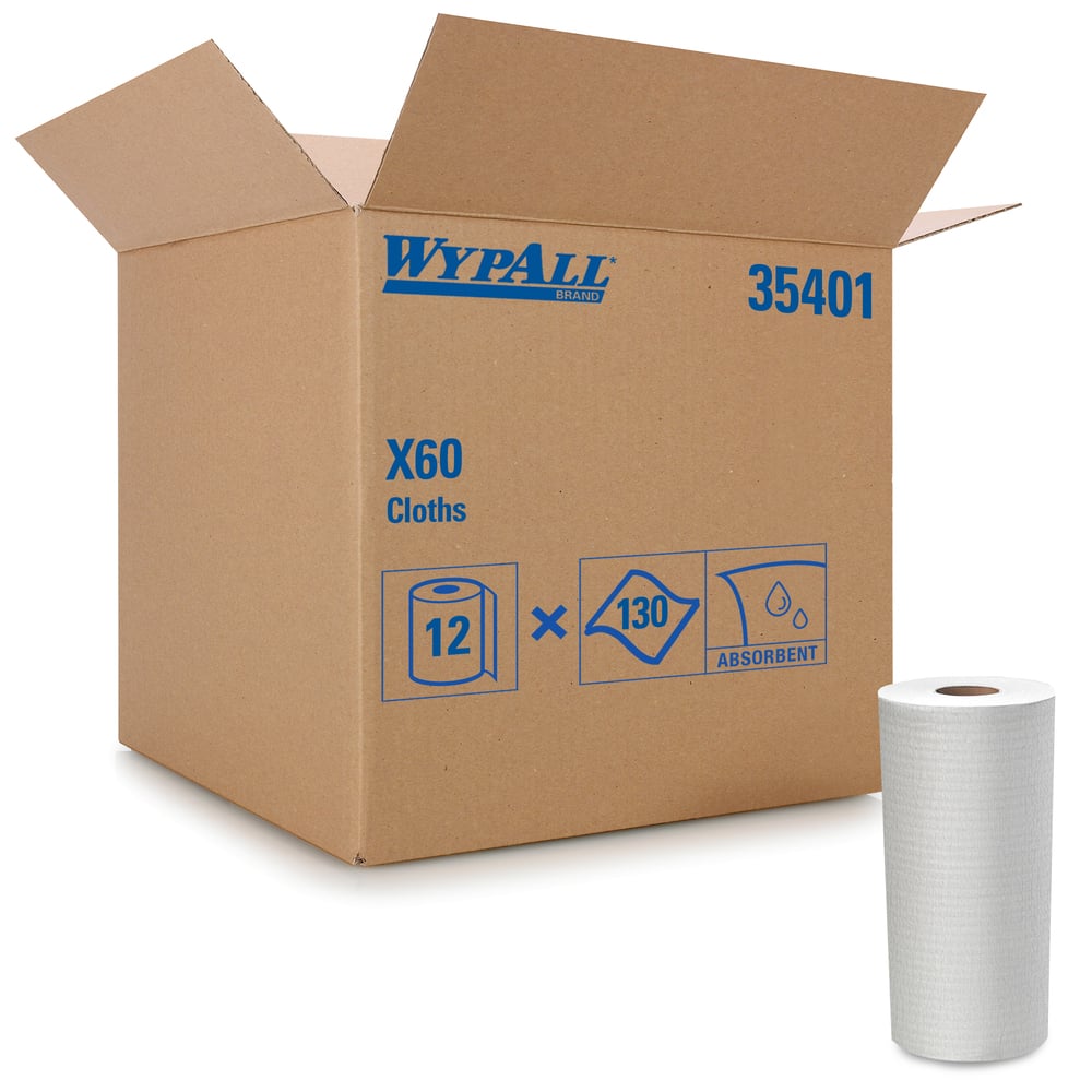 WypAll® X60 Reusable Cloths (35401), Small Roll, White, 130 Sheets / Roll, 12 Rolls / Case, 1,560 Wipes / Case