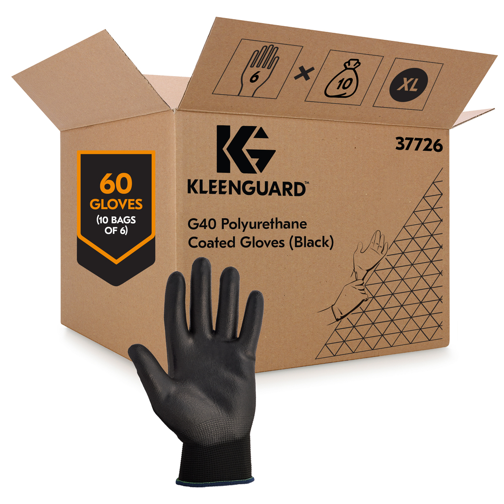 Gants recouverts de polyuréthane KleenGuard G40 (37726), TG, dextérité supérieure, noirs, 6 paires pour sac de distribution, 10 sacs/caisse - 37726