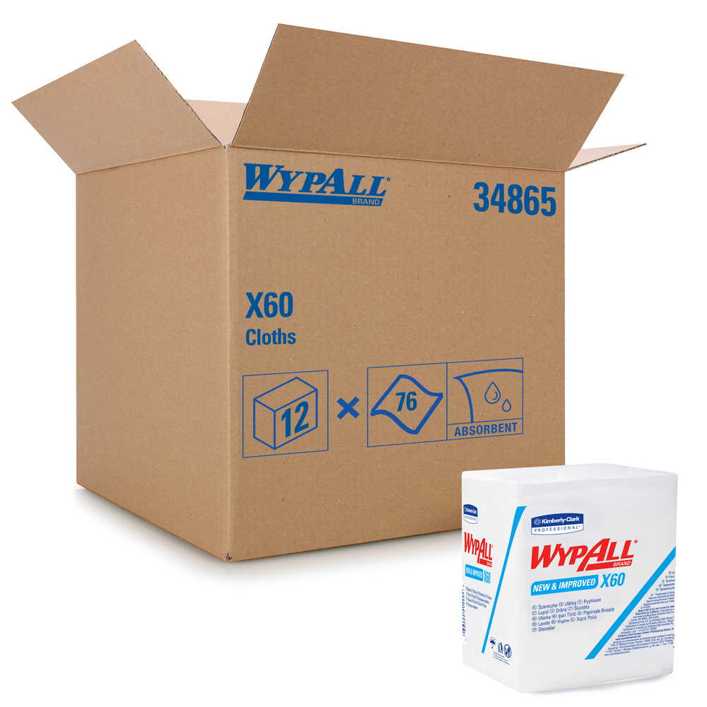 Débarbouillettes réutilisables Wypall X60 (34865), pliées en quatre, blanc, 76 feuilles/paquet, 12 paquets/caisse, 912 débarbouillettes/caisse - 34865