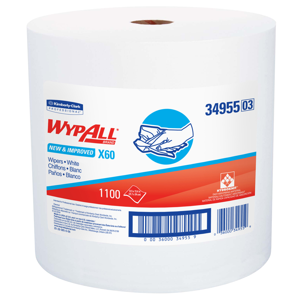 WypAll® X60 Reusable Cloths (34955), Jumbo Roll, White, 1100 Sheets / Roll, 1 Roll / Case