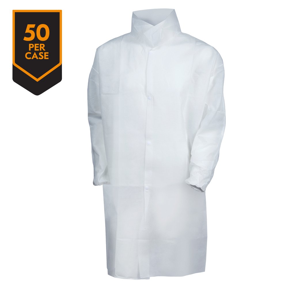 KleenGuard™ A10 Light Duty Lab Coat (40104), Snap Front, Elastic Wrists, Extra Large (XL), White, 50 Coats / Case - 40104