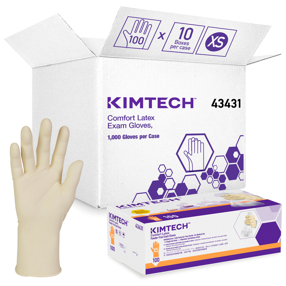 Gants d’examen en latex confortables de Kimberly-Clark (43431), 5 mil, ambidextres, 9,5 po, très petits, couleur naturelle, 100/boîte, 10 boîtes, 1 000 gants/caisse - 43431