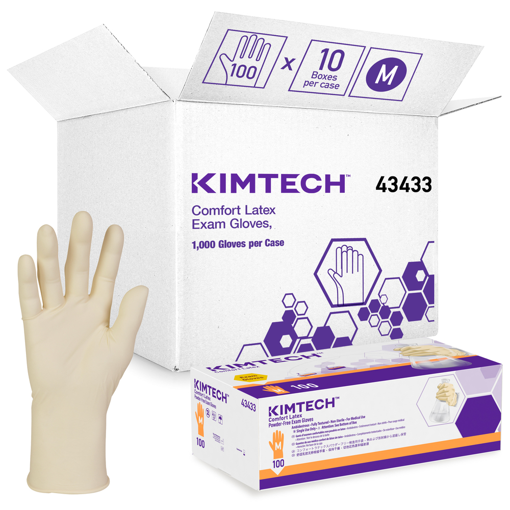 Gants d’examen en latex confortables de Kimberly-Clark (43433), 5 mil, ambidextres, 9,5 po, moyens, couleur naturelle, 100/boîte, 10 boîtes, 1 000 gants/caisse - 43433