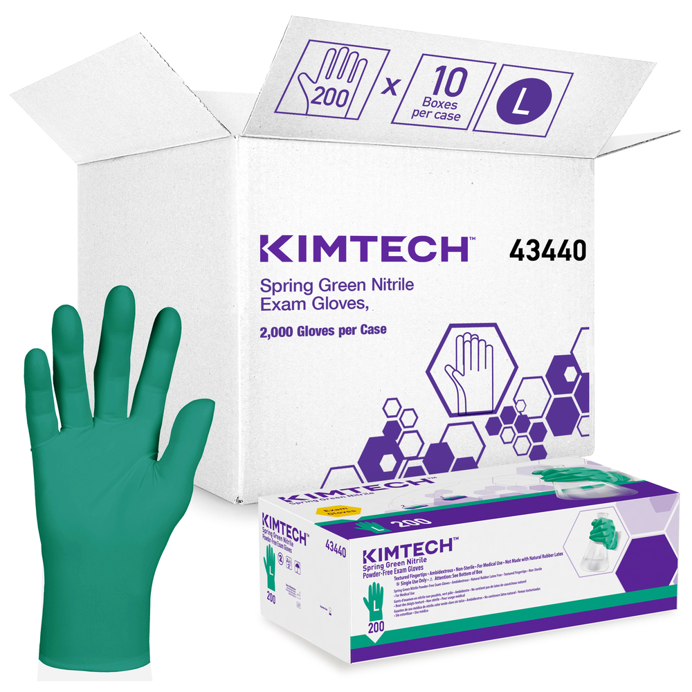 Gants d’examen en nitrile vert pâle de Kimberly-Clark (43440), 4,7 mil, ambidextres, 9,5 po, grands, 200 gants en nitrile/boîte, 10 boîtes/caisse, 2 000/caisse - 43440