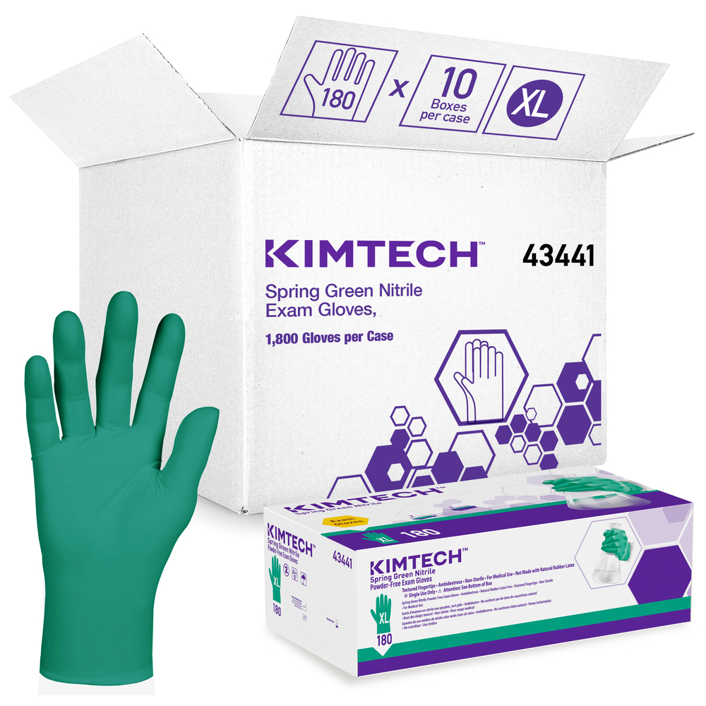 Gants d’examen en nitrile vert pâle de Kimberly-Clark (43441), 4,7 mil, ambidextres, 9,5 po, TG, 180 gants en nitrile/boîte, 10 boîtes/caisse, 1 800/caisse - 43441