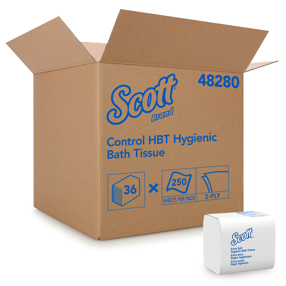 Papier hygiénique extra doux Scott Control (48280), 2 épaisseurs, distribution simple, 250 feuilles/paquet, 36 paquets/caisse