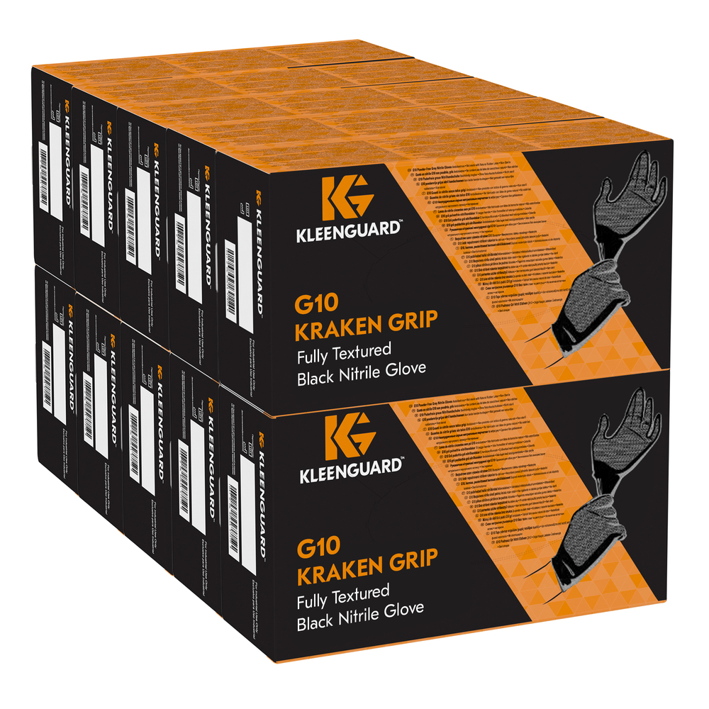 Gants en nitrile noir pleinement texturés Kleenguard Kraken Grip (49275), 3TG (TTTG), non poudrés, 6 mil, ambidextres, fins (mil), 90 gants/boîte, 10 boîtes/caisse - 49280