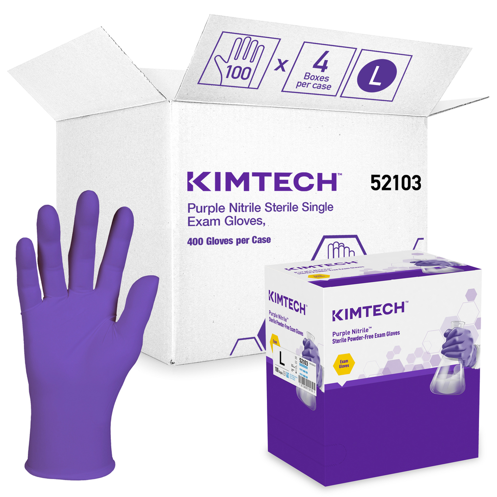 Gants d’examen stériles uniques en nitrile violet Kimberly-Clark (52103), 5,9 mil, AQL = 1,0, ambidextres, 9,5 po, grands, 100 unités/boîte, 4 boîtes/caisse, 400 gants/caisse - 52103