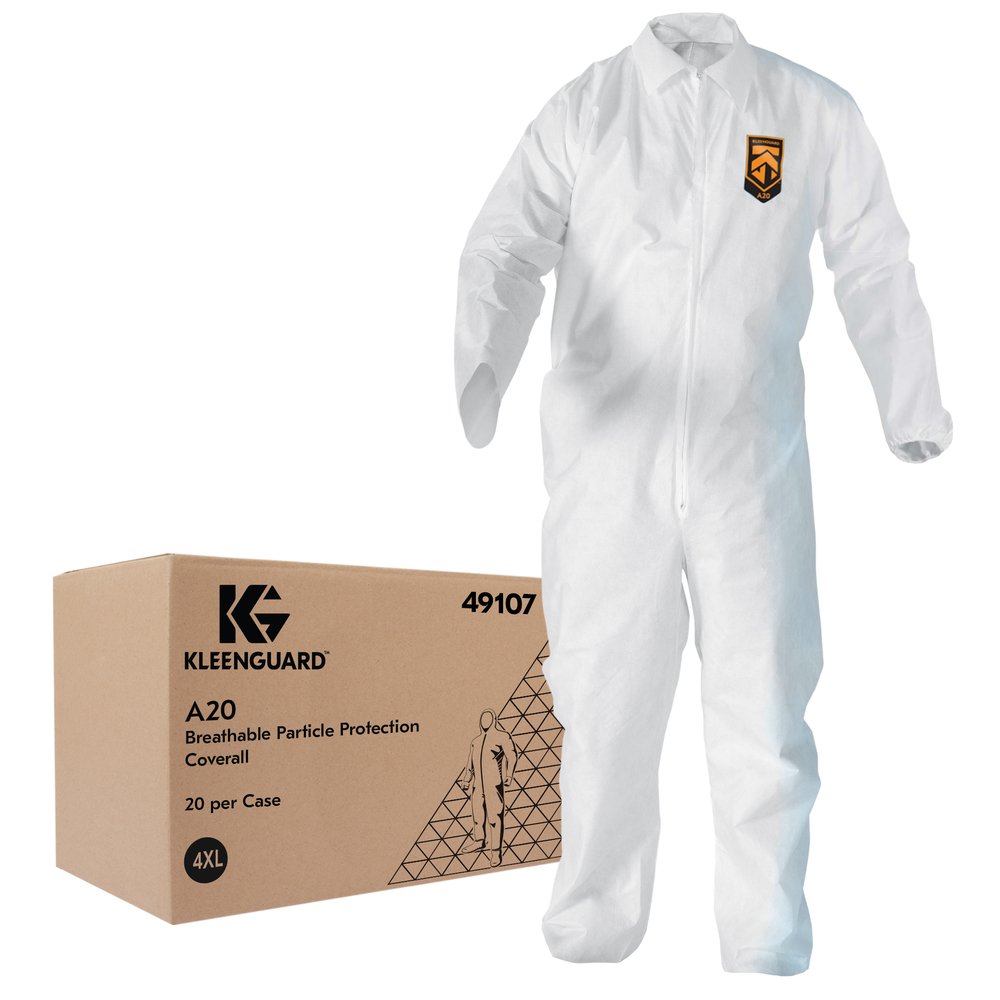 KleenGuard™ A20 Breathable Particle Protection Coveralls (49107), REFLEX Design, Zip Front, EWA, Elastic Back, White, 4XL, 20 / Case - 49107