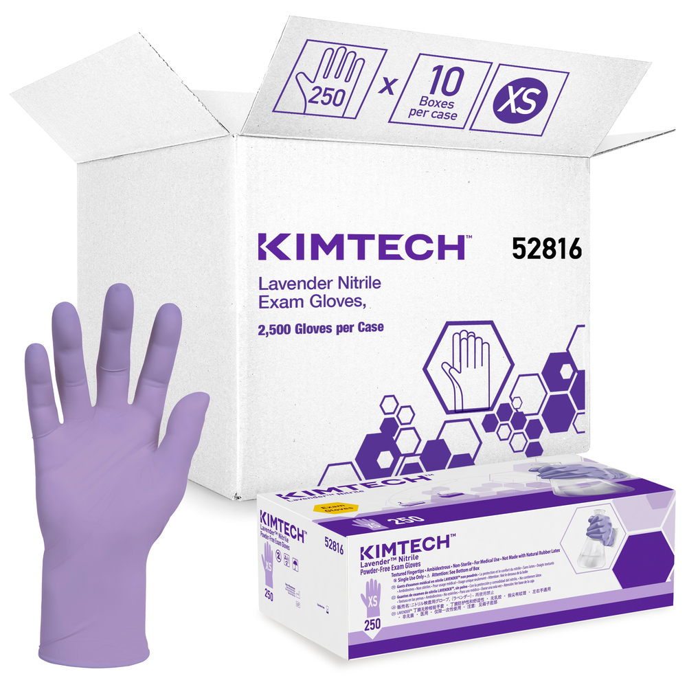 Gants d’examen en nitrile lavande de Kimberly-Clark (52816), fins (mil), 2,8 mil, ambidextres, 9,5 po, TP, 250/boîte, 10 boîte, 2 500 gants/caisse - 52816