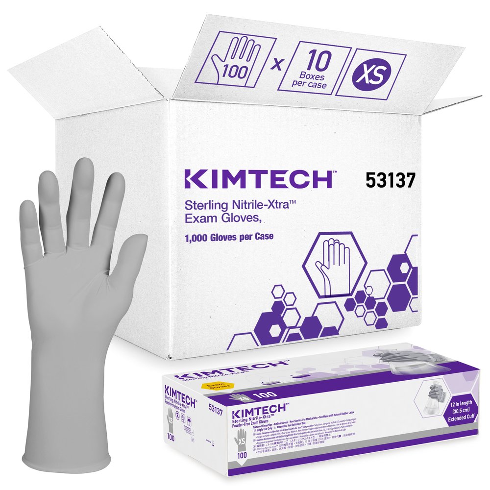 Gants d’examen en Nitrile-Xtra Kimberly-Clark Sterling (53137), 3,5 mil, 12 po, ambidextres, TP, 100/distributrice, 10 distributrices, 1 000 gants gris/caisse - 53137