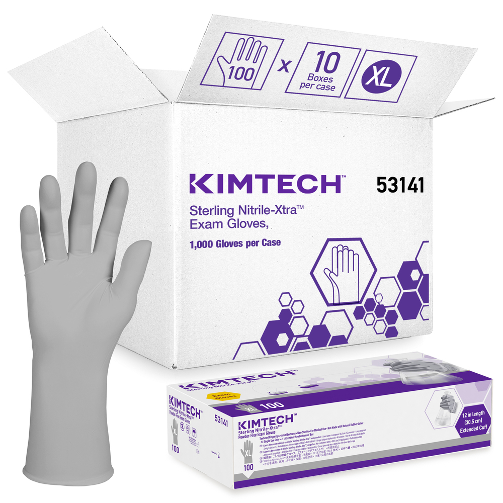 Gants d’examen en Nitrile-Xtra Kimberly-Clark Sterling (53141), 3,5 mil, 12 po, ambidextres, TG, 100/distributrice, 10 distributrices, 1 000 gants gris/caisse - 53141