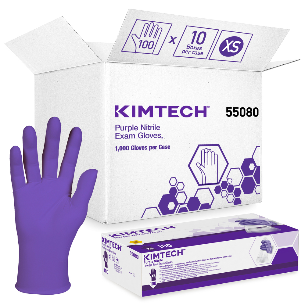 Kimtech™ Purple Nitrile™  Exam Gloves (55080), 5.9 Mil, Ambidextrous, 9.5”, XS, 100 Nitrile Gloves / Box, 10 Boxes / Case, 1,000 / Case - 55080