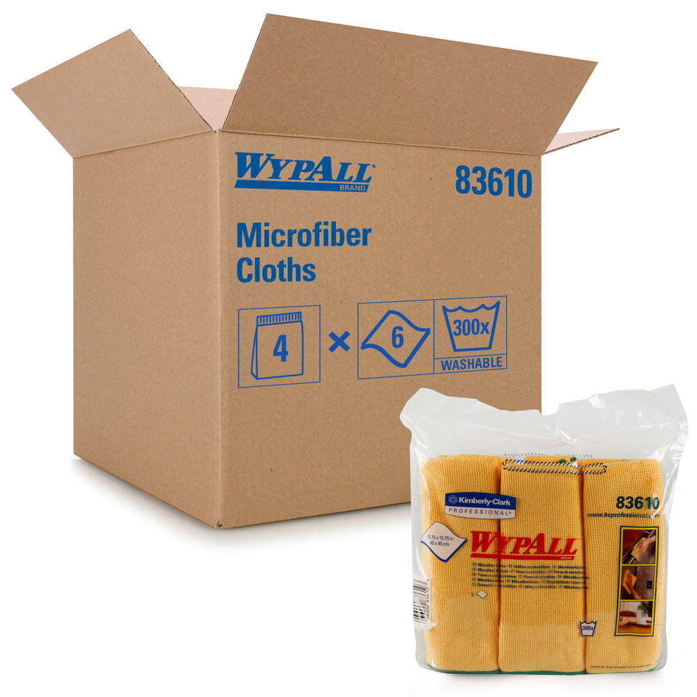 Chiffons en microfibre Wypall (83610) réutilisables, 15,75 po x 15,75 po, or (jaune), 4 paquets/caisses, 6 chiffons/contenant, 24/caisse - 83610