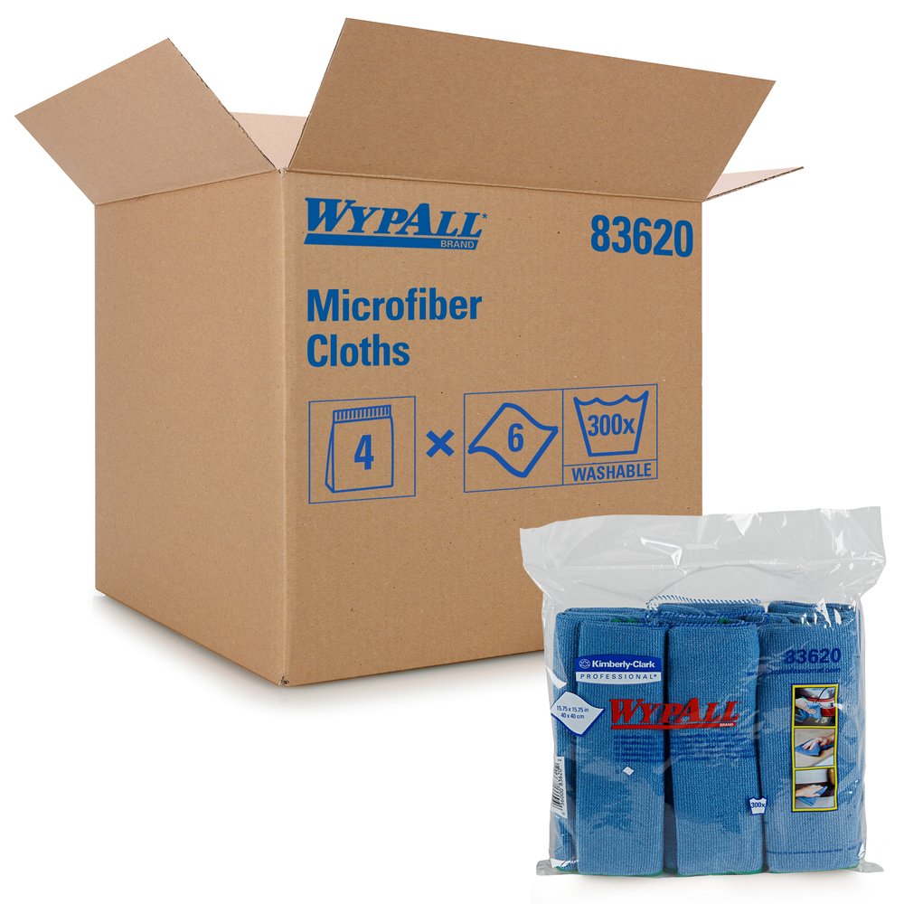 Chiffon en microfibre Wypall (83620), réutilisable, 15,75 po x 15,75 po, bleu, 4 paquets/caisse, 6 chiffons/contenant, 24/caisse - 83620