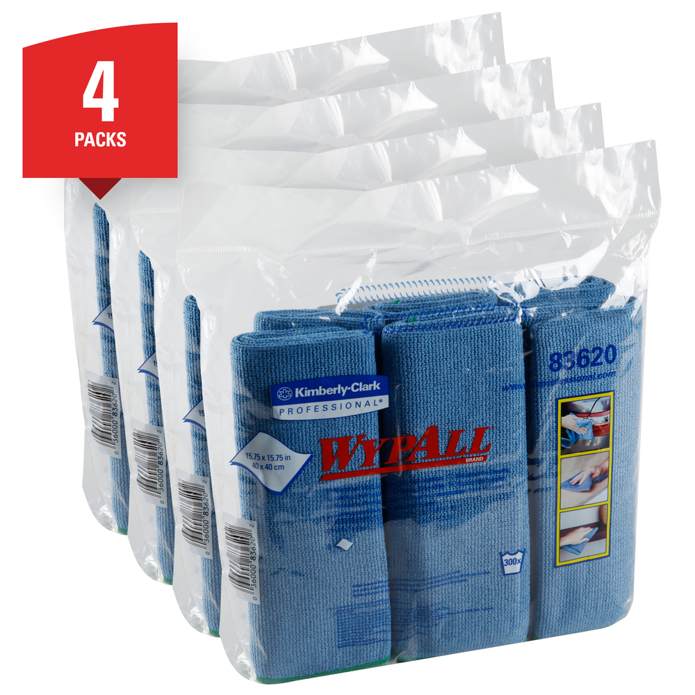 WypAll® Microfiber Cloths (83620), Reusable, 15.75” x 15.75”, Blue, 4 Packs / Case, 6 Wipes / Container, 24 / Case - 83620