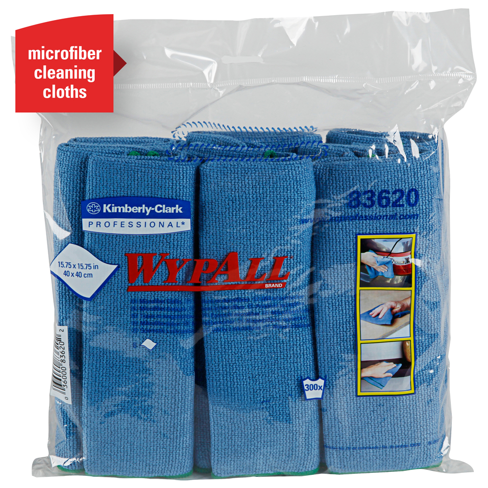 WypAll® Microfiber Cloths (83620), Reusable, 15.75” x 15.75”, Blue, 4 Packs / Case, 6 Wipes / Container, 24 / Case - 83620