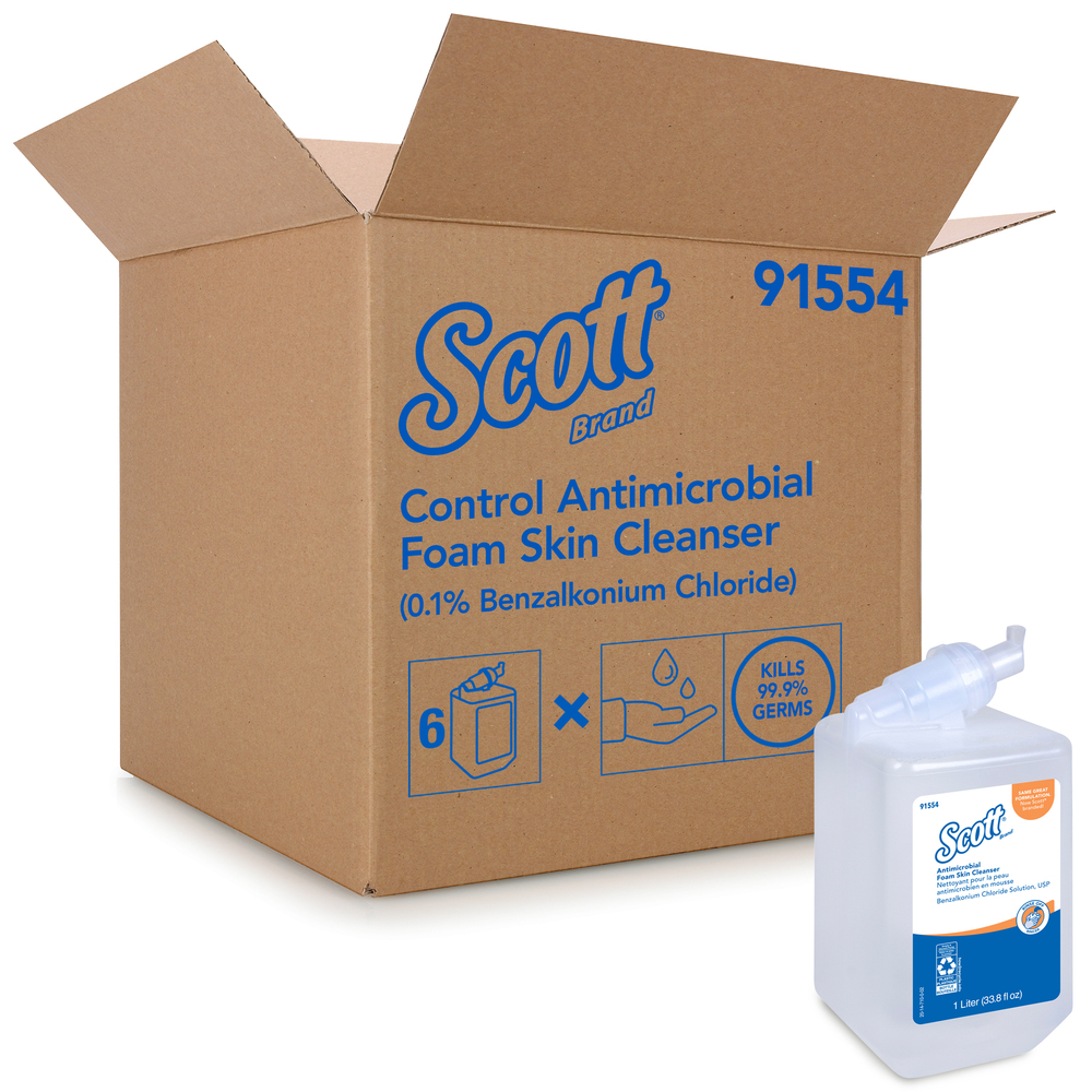 Scott® Antimicrobial Foam Skin Cleanser, 0.1% Benzalkonium Chloride (91554), Clear, Unscented Soap, 1.0 L, 6 Packages / Case - 91554